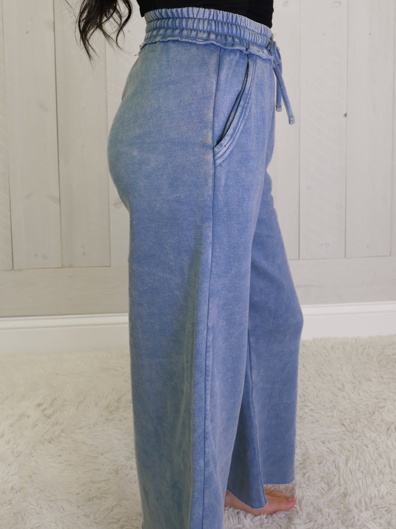 Blue Grey Acid Wash Fleece Palazzo pant with pockets