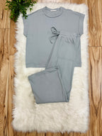 Women’s Zenana Grey Ribbed Cuff Sleeve Pant Set Loose Fit