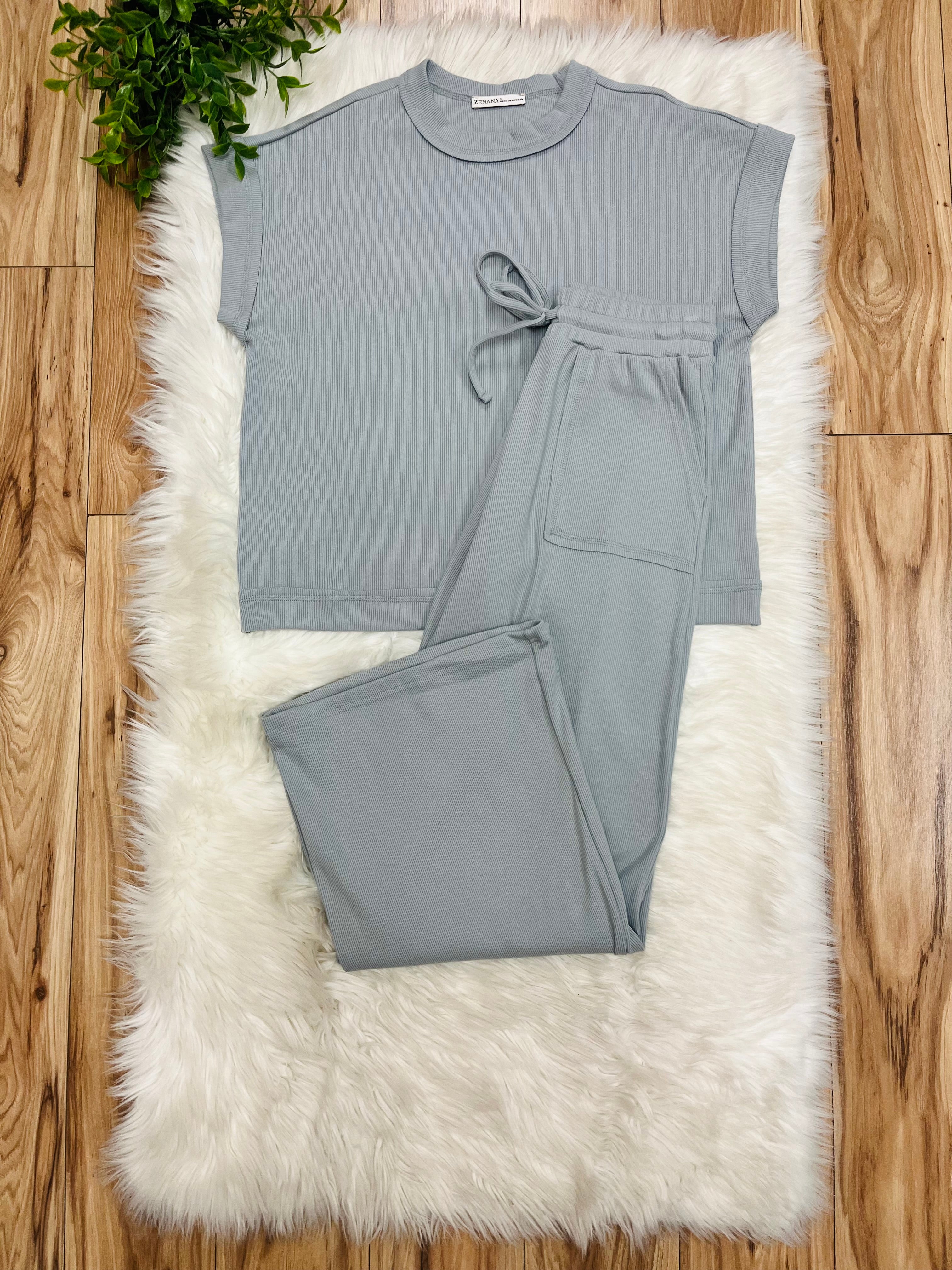 Women’s Zenana Grey Ribbed Cuff Sleeve Pant Set Loose Fit