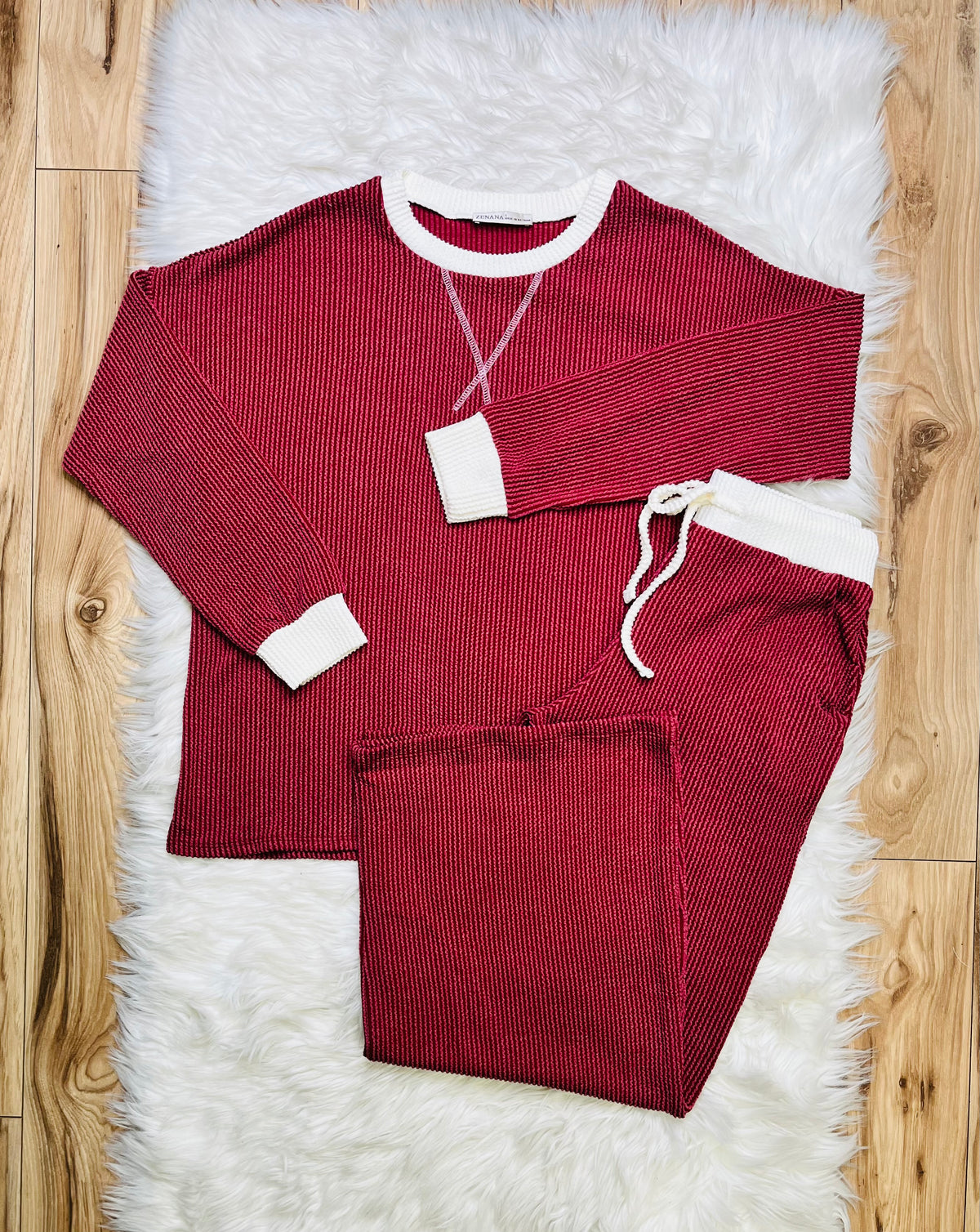 Women’s Zenana Burgundy White Detail Ribbed Set