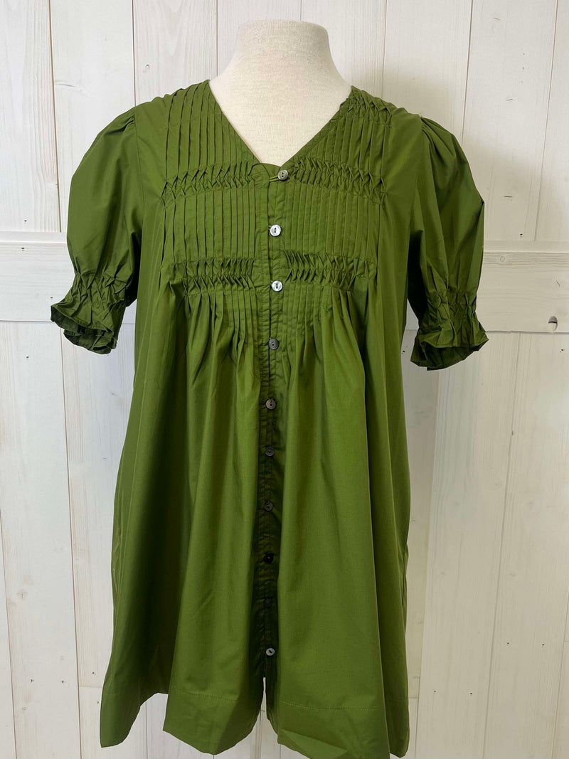 Entro Green Button Down Smocked Neck Dress