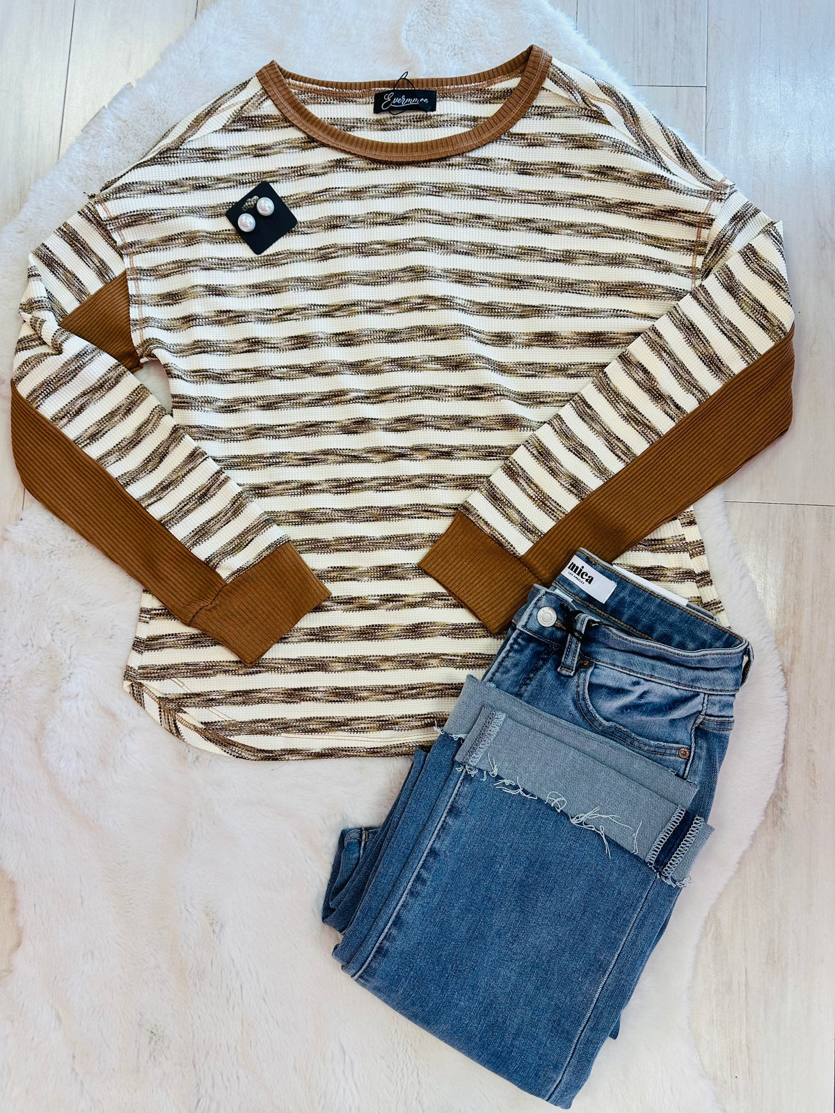 Women’s Evermmee brown striped waffle top