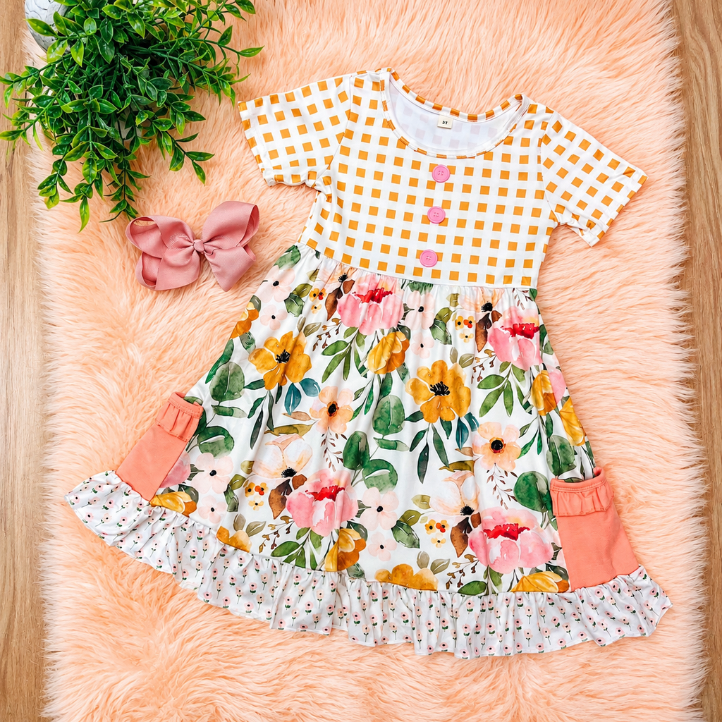Girl’s Floral Checkered Dress