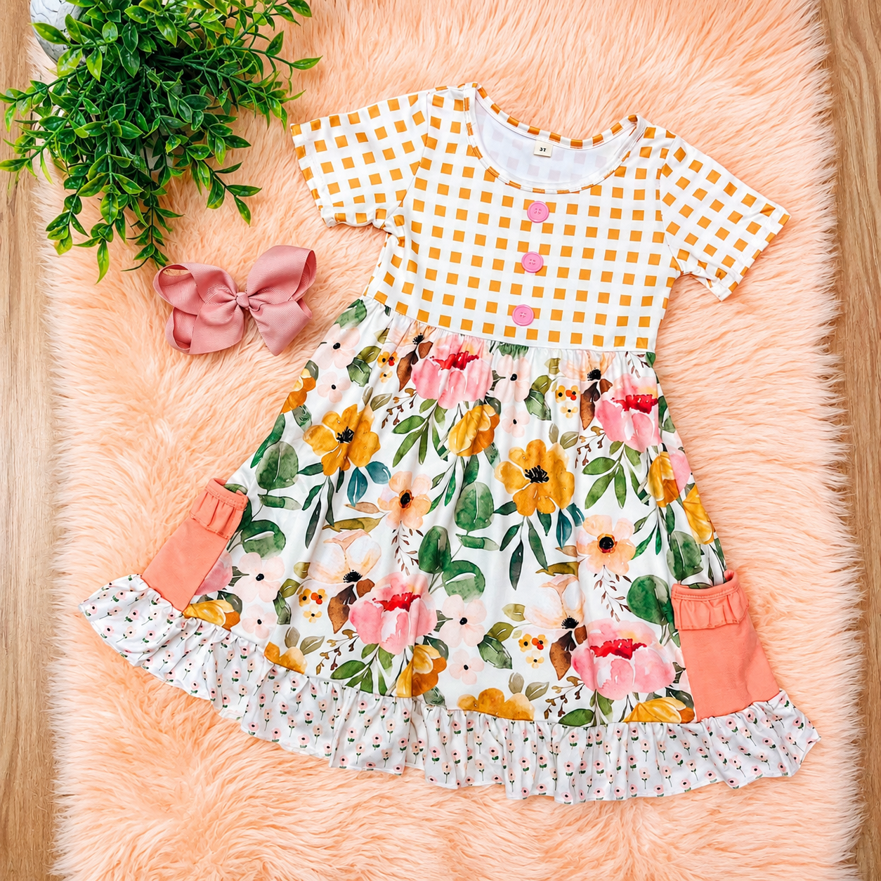 Girl’s Floral Checkered Dress