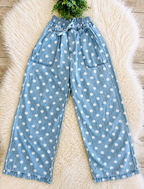 Relaxed Wide Leg Soft Polka Dot Chambray Denim Drawstring Pants