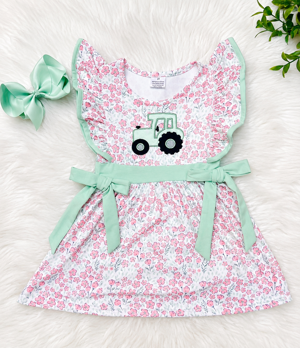 Girl’s Pink and Sage Floral Print Tractor Dress