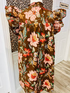 Women’s Floral Split Neck Mini Dress With Ruffle Sleeves