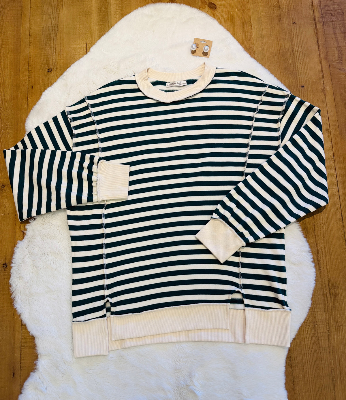 Women’s Zenana Hunter Green Stripe Pullover with side splits