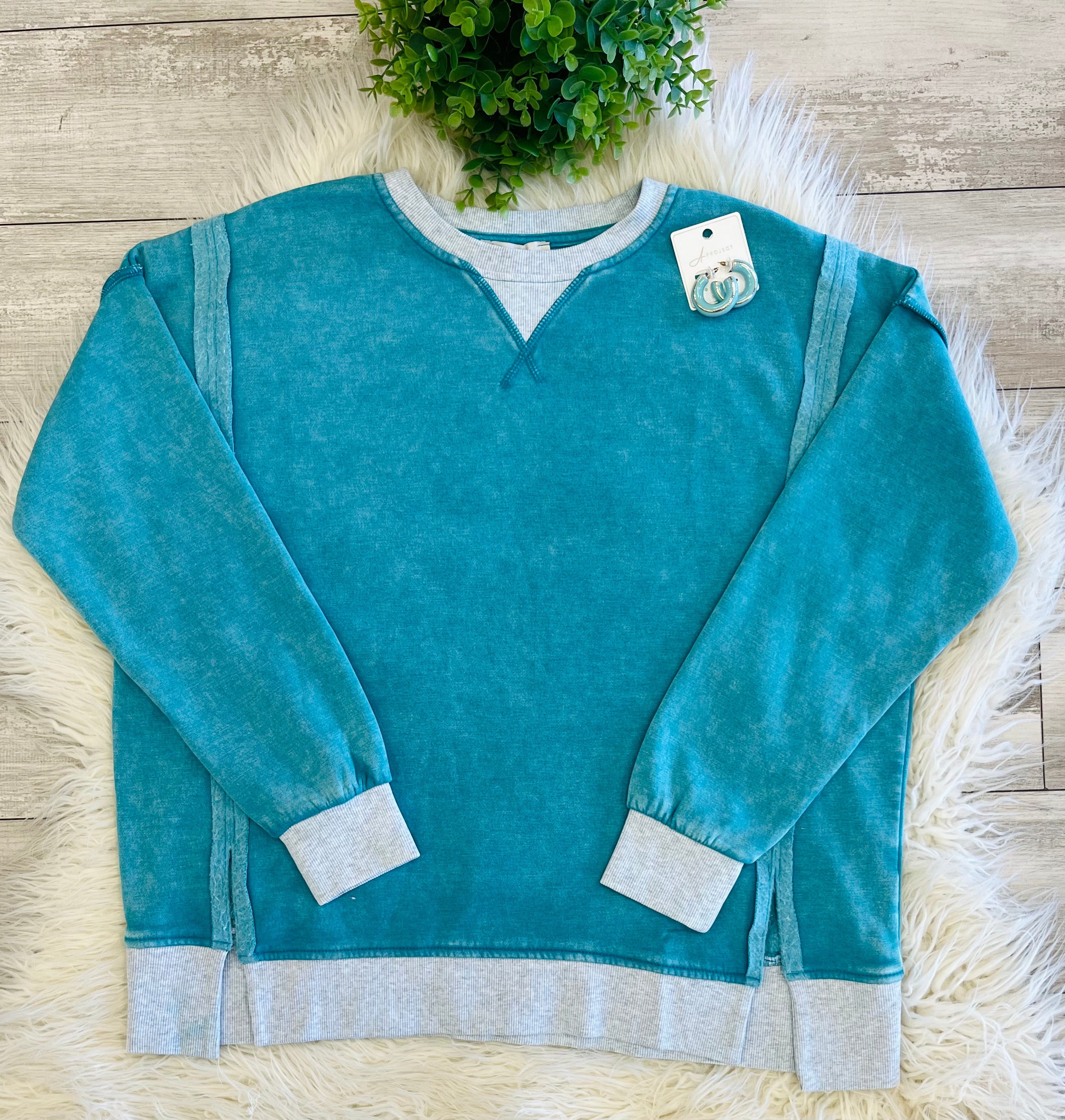 Women’s Zenana Washed Exposed Seam Sweatshirt In Teal
