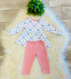 Girl’s Pink Floral and Blue Bow Pattern with Ruffle Collar Outfit