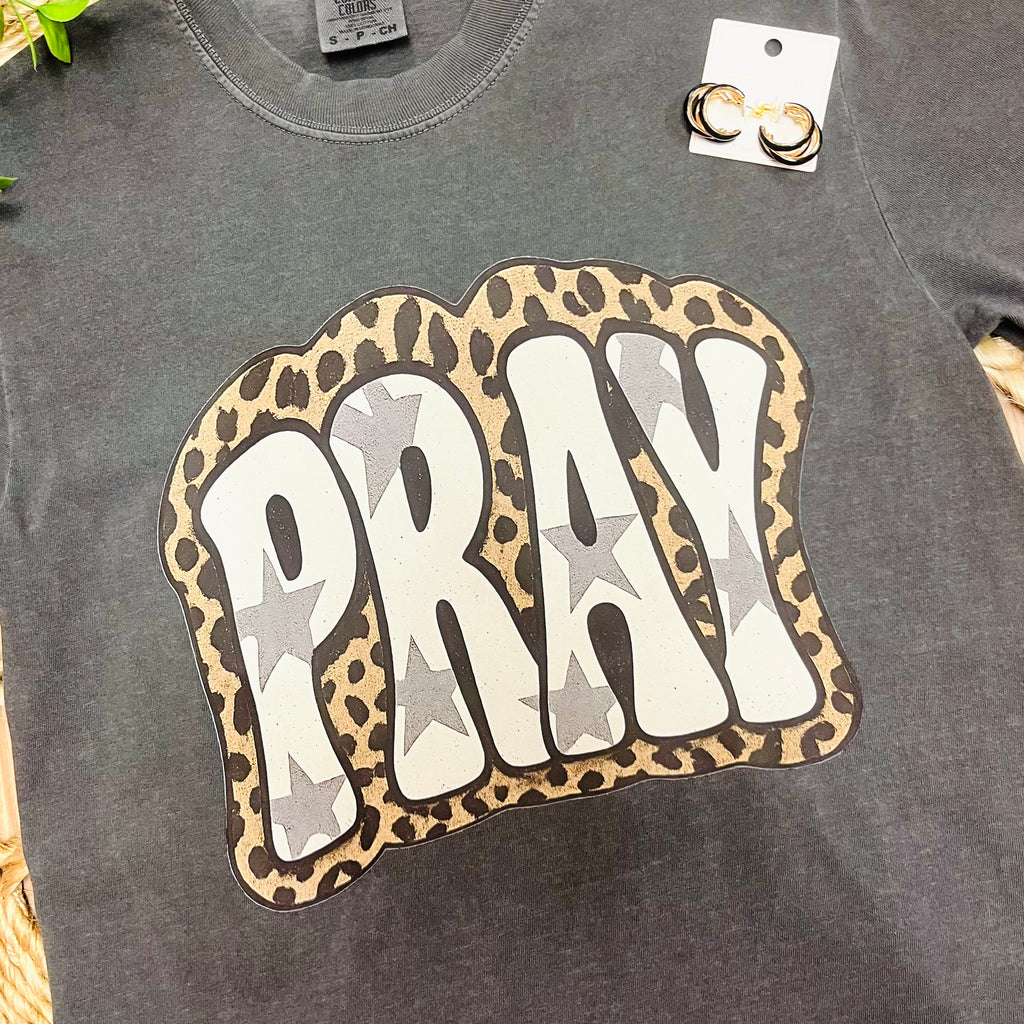 Women’s Charcoal Gray “Pray” Cheetah Print Tee