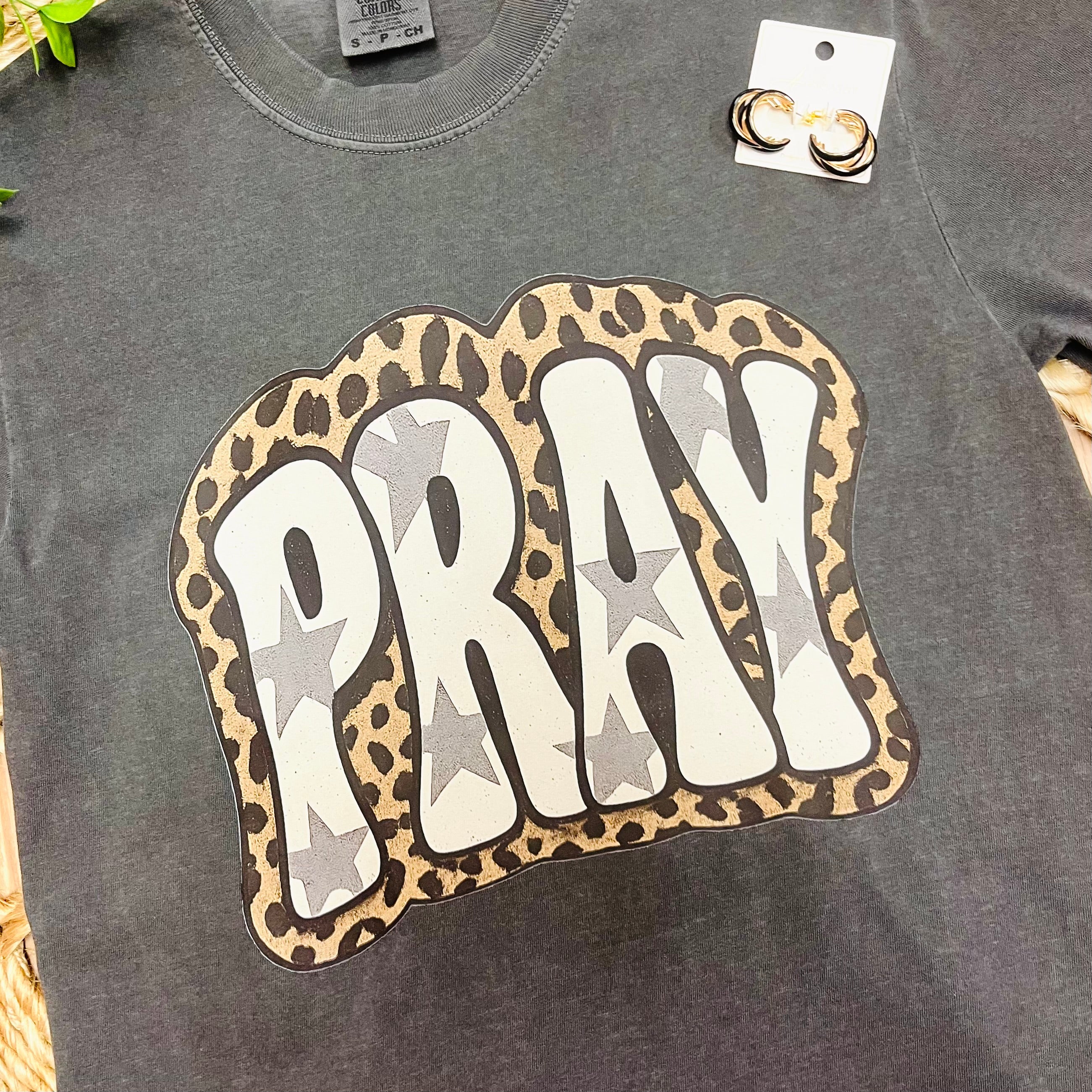 Women’s Charcoal Gray “Pray” Cheetah Print Tee