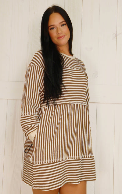 Women’s Oversized Multi Stripe Dress Mocha
