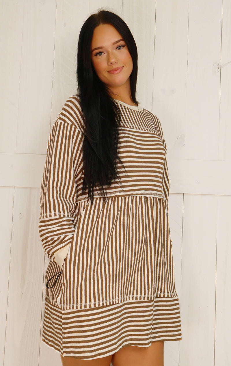 Women’s Oversized Multi Stripe Dress Mocha
