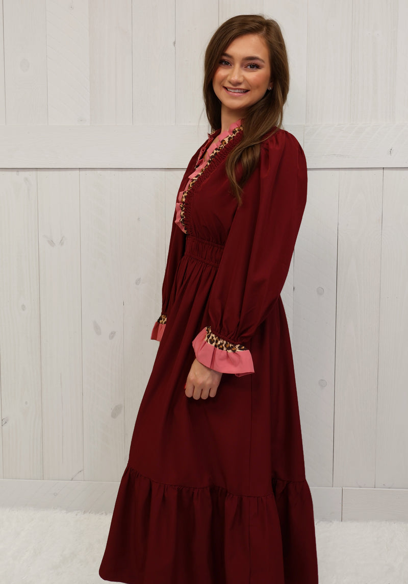 Umgee Wine Cheetah Trim Dress
