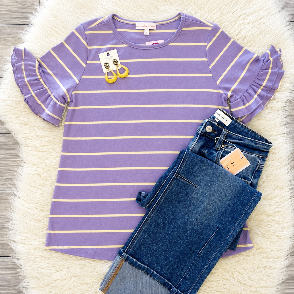 Women’s Lilac and Yellow Striped Ruffle Sleeve Top