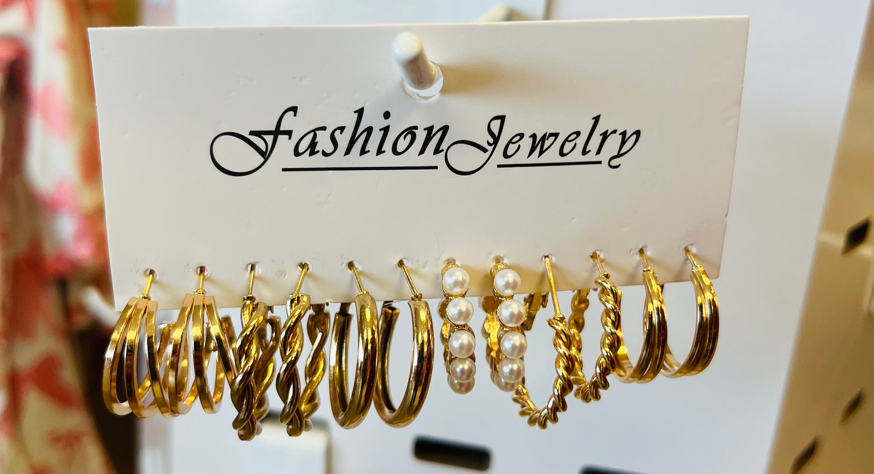 Women’s Multi Gold Toned Chunky Hoops Twisted textured designs Faux Pearl Accent Earrings