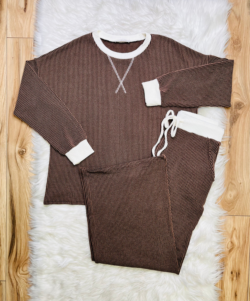 Women’s Zenana Chocolate White Detail Ribbed Set