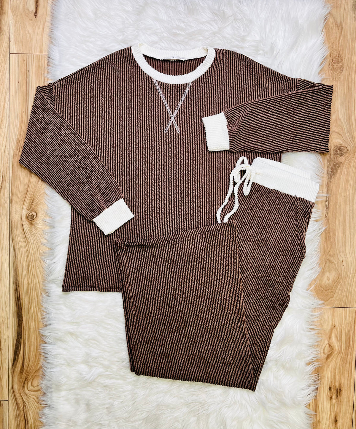 Women’s Zenana Chocolate White Detail Ribbed Set