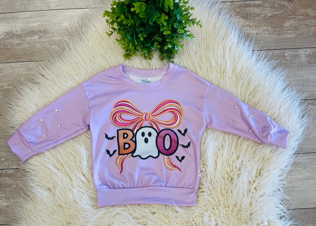 Girl’s purple Boo/Bow with Pearls on sleeves Blouse