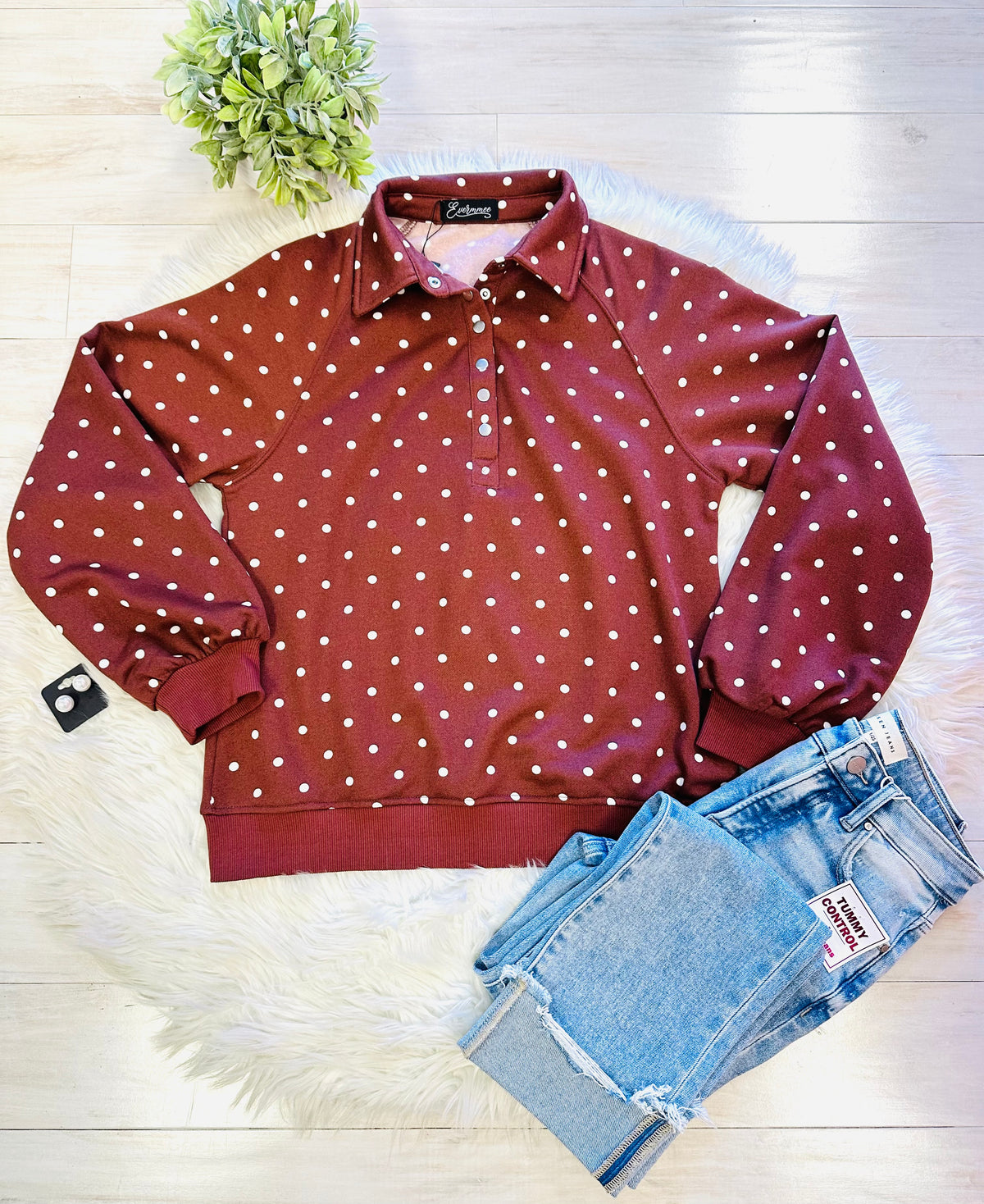 Women’s Evermmee Brown Polka Dot Button Sweater Top - True to Size