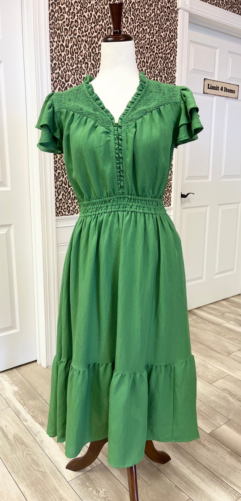 Women’s Umgee Olive Green Smocked Bodice And Layered Ruffle Sleeve Dress