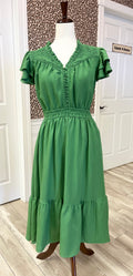 Women’s Umgee Olive Green Smocked Bodice And Layered Ruffle Sleeve Dress