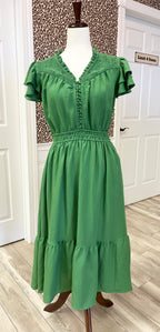 Women’s Umgee Olive Green Smocked Bodice And Layered Ruffle Sleeve Dress