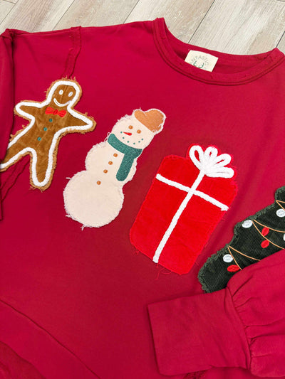 Fantastic Fawn Corduroy Christmas Patch Detailed Oversized Pullover Sweater