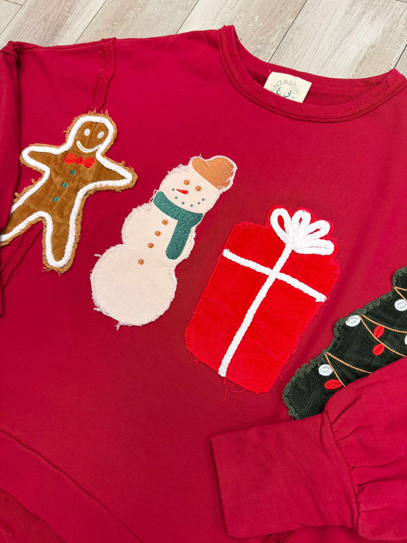 Fantastic Fawn Corduroy Christmas Patch Detailed Oversized Pullover Sweater
