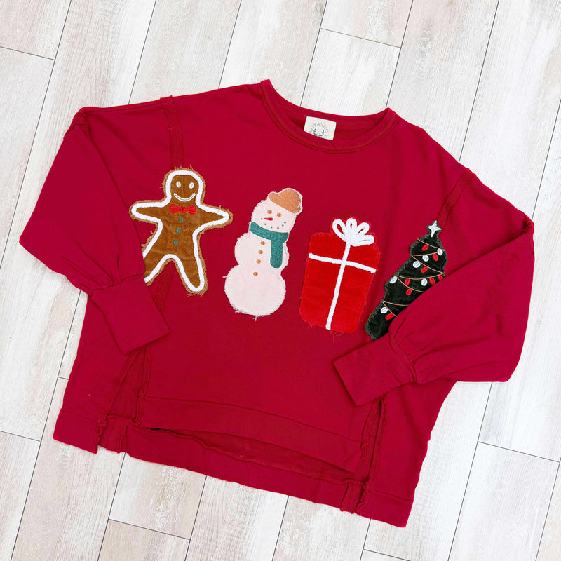 Fantastic Fawn Corduroy Christmas Patch Detailed Oversized Pullover Sweater