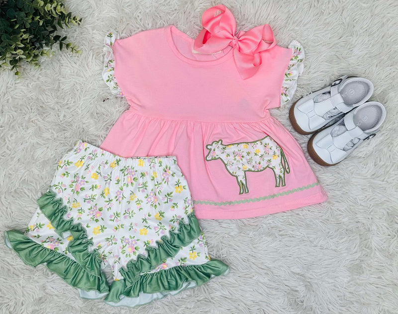 Floral Cow Ruffle Set Girls