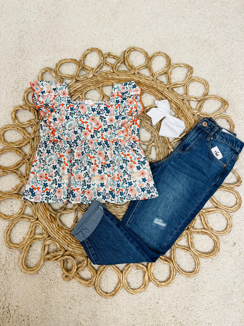 Floral Dog Printed Girls Top