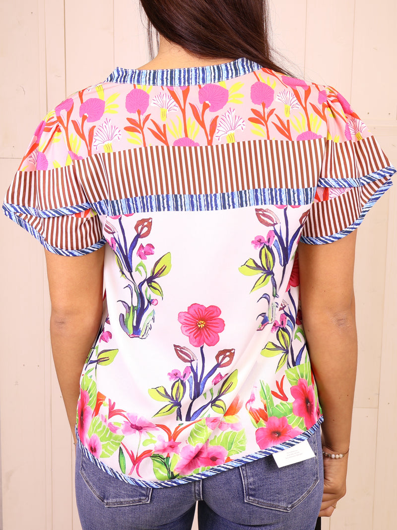 Floral Patch Split Neck Blouse Top
