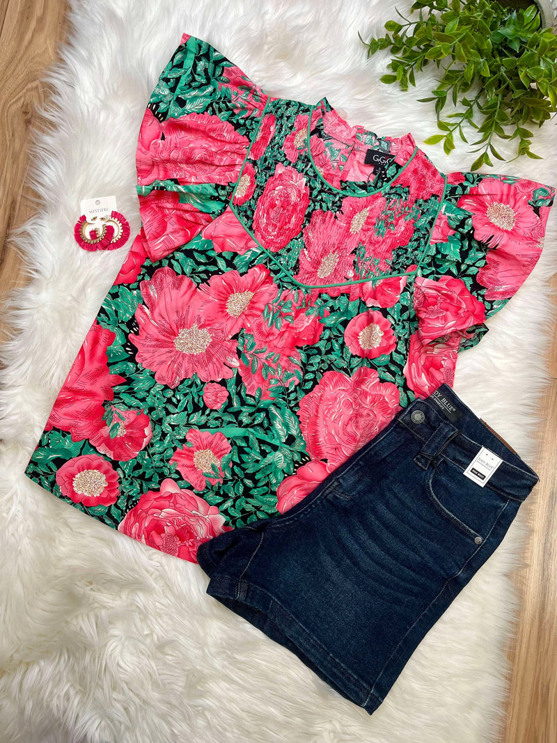 Floral Rose Ruffle Sleeve Top