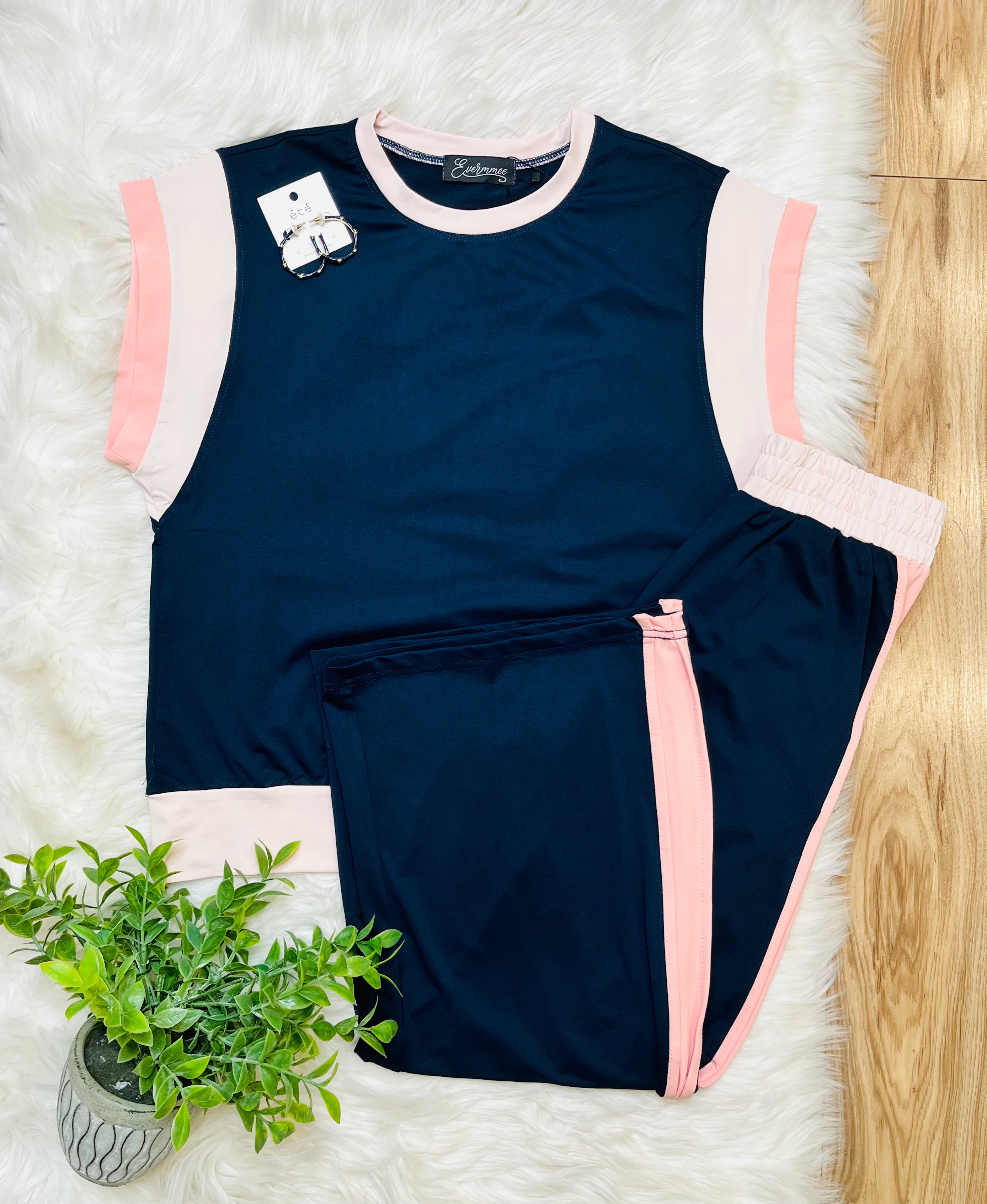 Women’s Evermmee Navy and Light Pink Pant Set