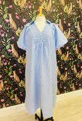 Women’s Evermmee Curvy Blue and White Stripe Collared Dress with Puff Sleeves