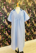 Women’s Evermmee Curvy Blue and White Stripe Collared Dress with Puff Sleeves