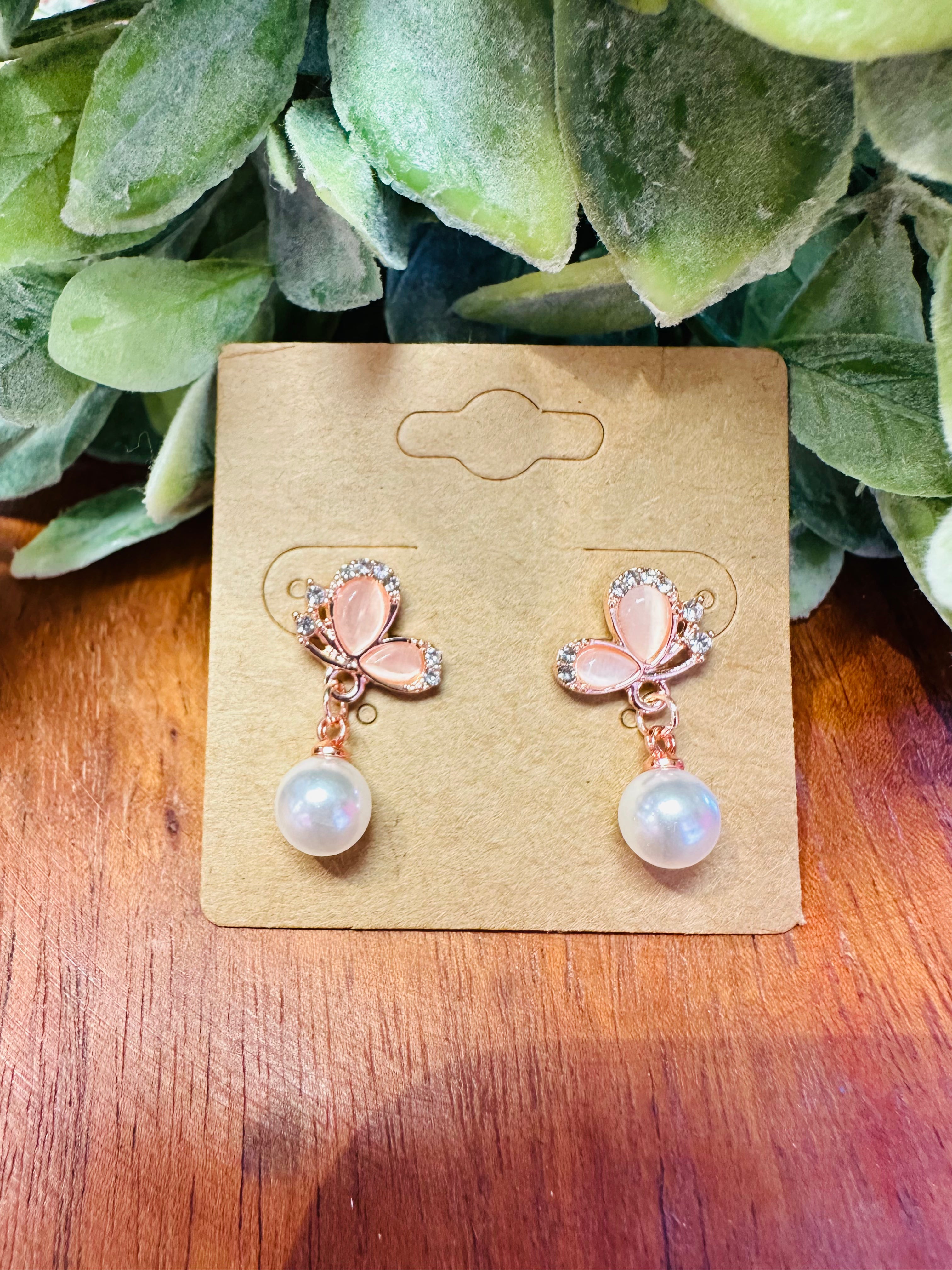 Rose Gold Butterfly & Pearl Earrings