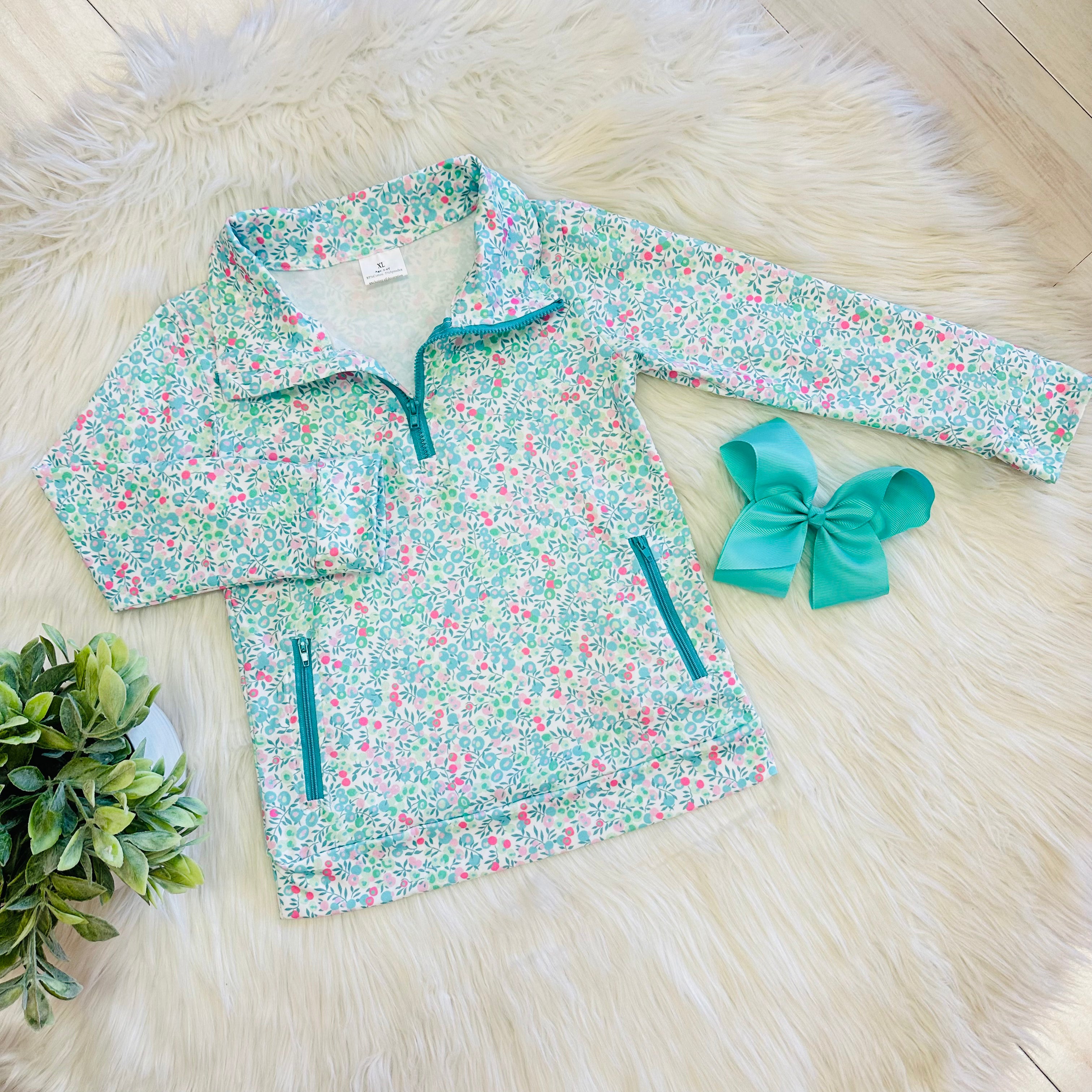 Girl’s Teal and Pink Floral Half Zip Set