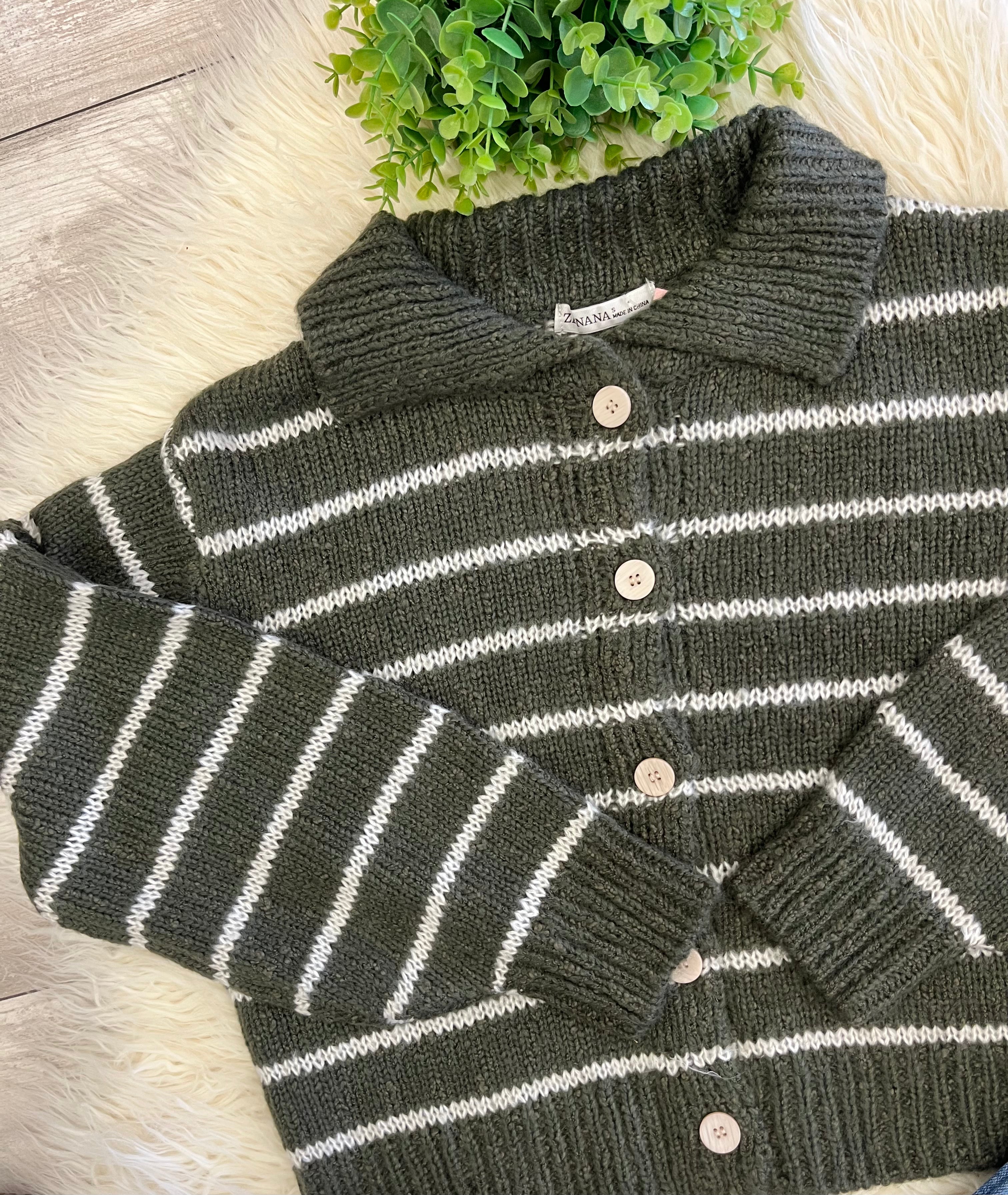 Women’s Zenana Striped Olive Button Sweater Top - True to size