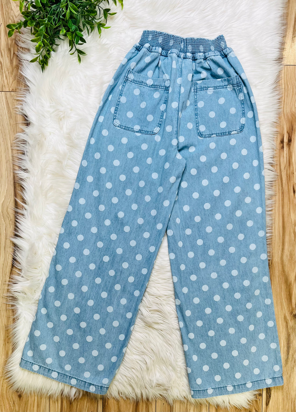 Women’s Relaxed Wide Leg Soft Polka Dot Chambray Denim Drawstring Pants