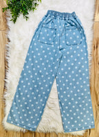 Women’s Relaxed Wide Leg Soft Polka Dot Chambray Denim Drawstring Pants