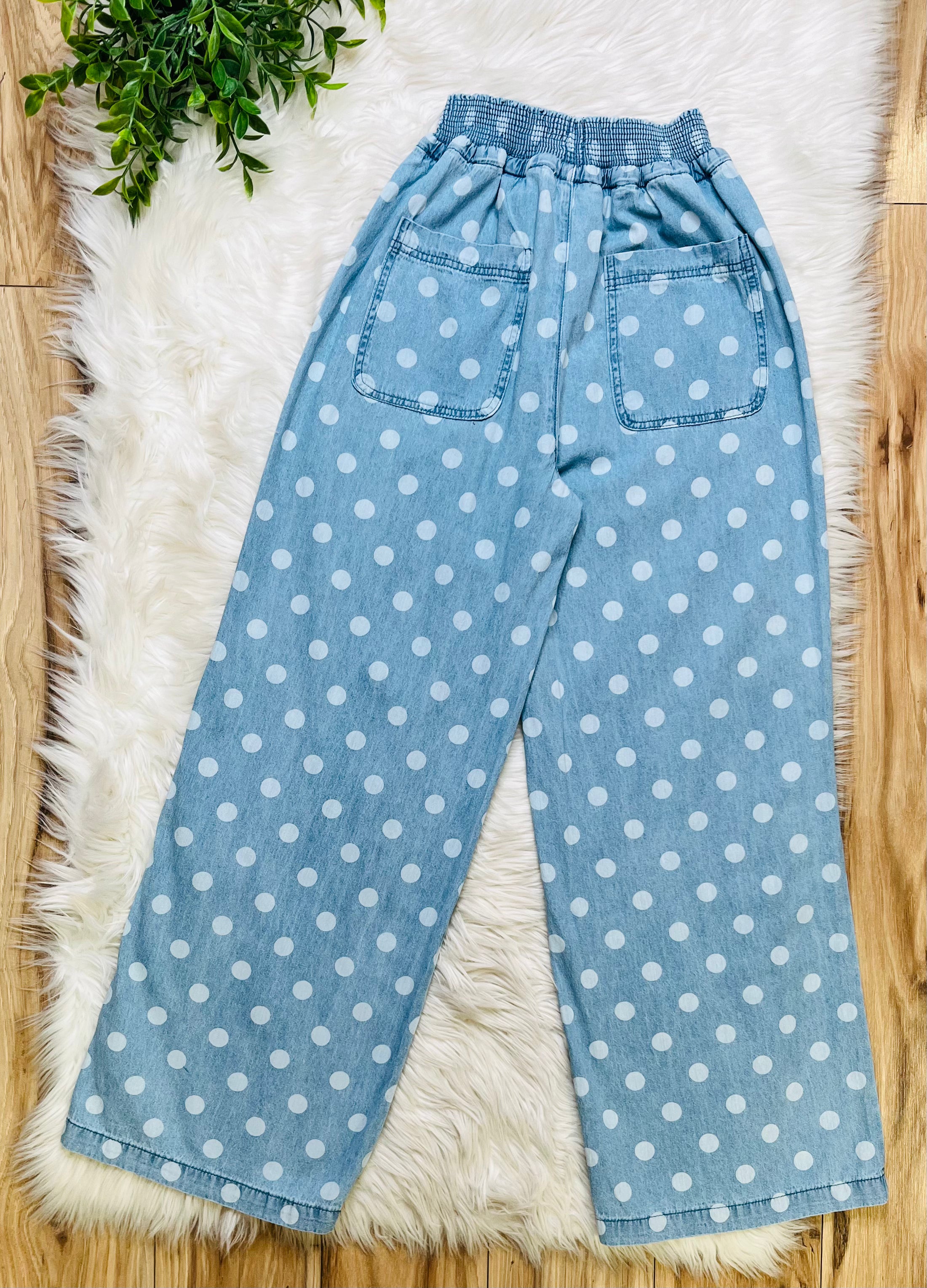 Women’s Relaxed Wide Leg Soft Polka Dot Chambray Denim Drawstring Pants