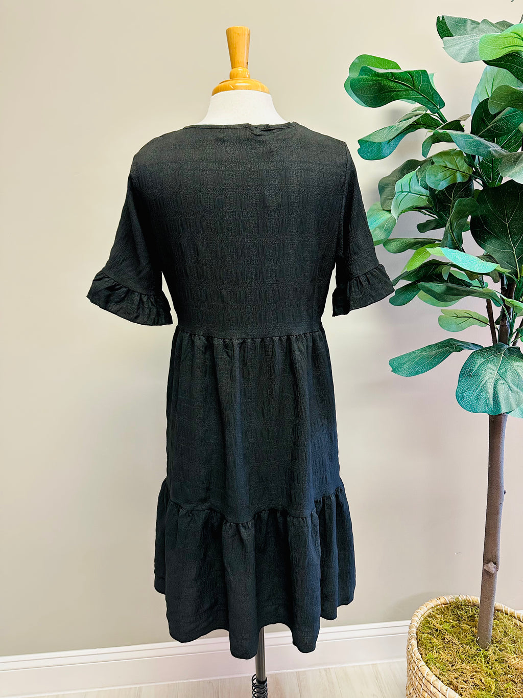 Women’s Black Tiered Dress with Ruffle Sleeves- True to Size
