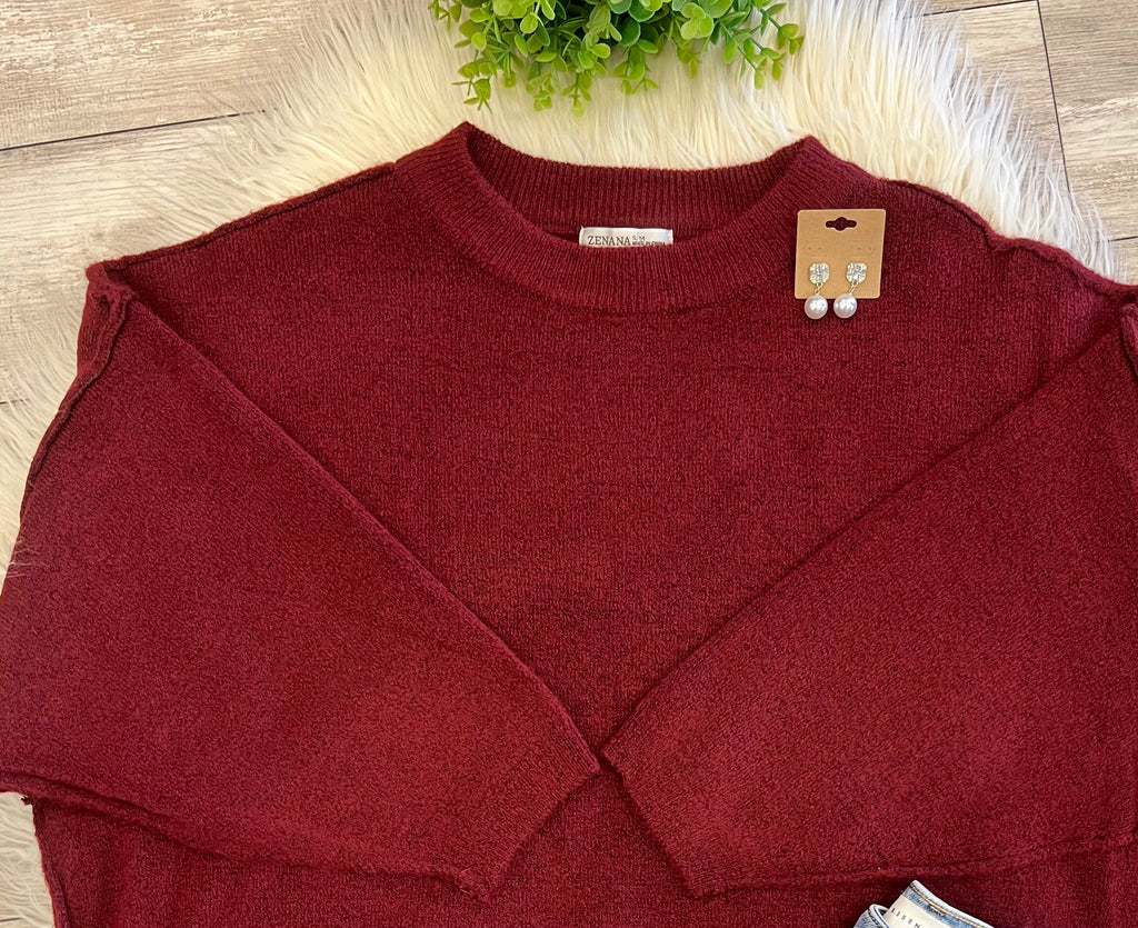 Women’s Zenana Shoulder - Drop Sweater Top in burgundy