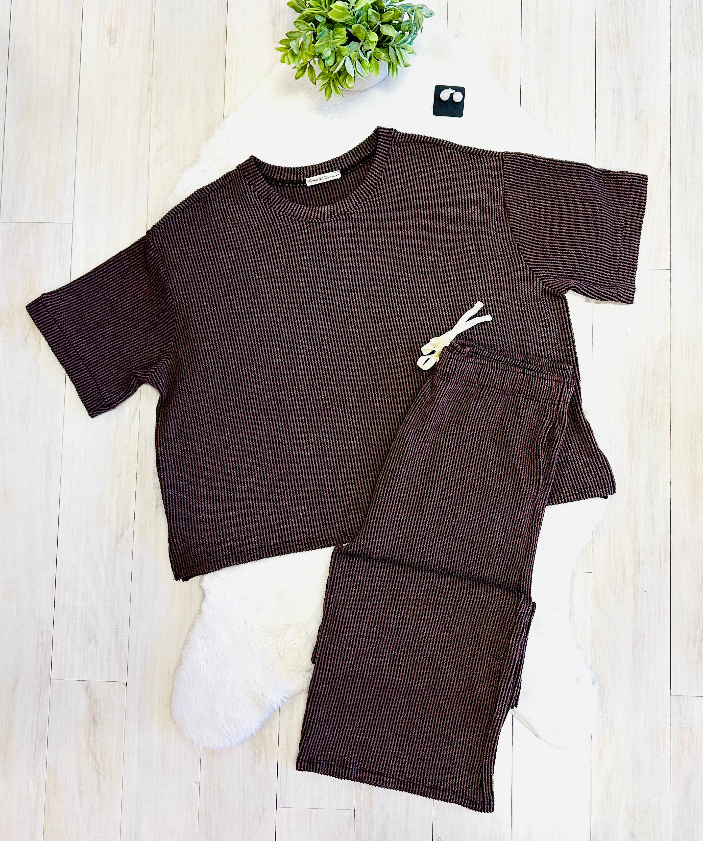 Women’s Zenana Brown Ribbed Set