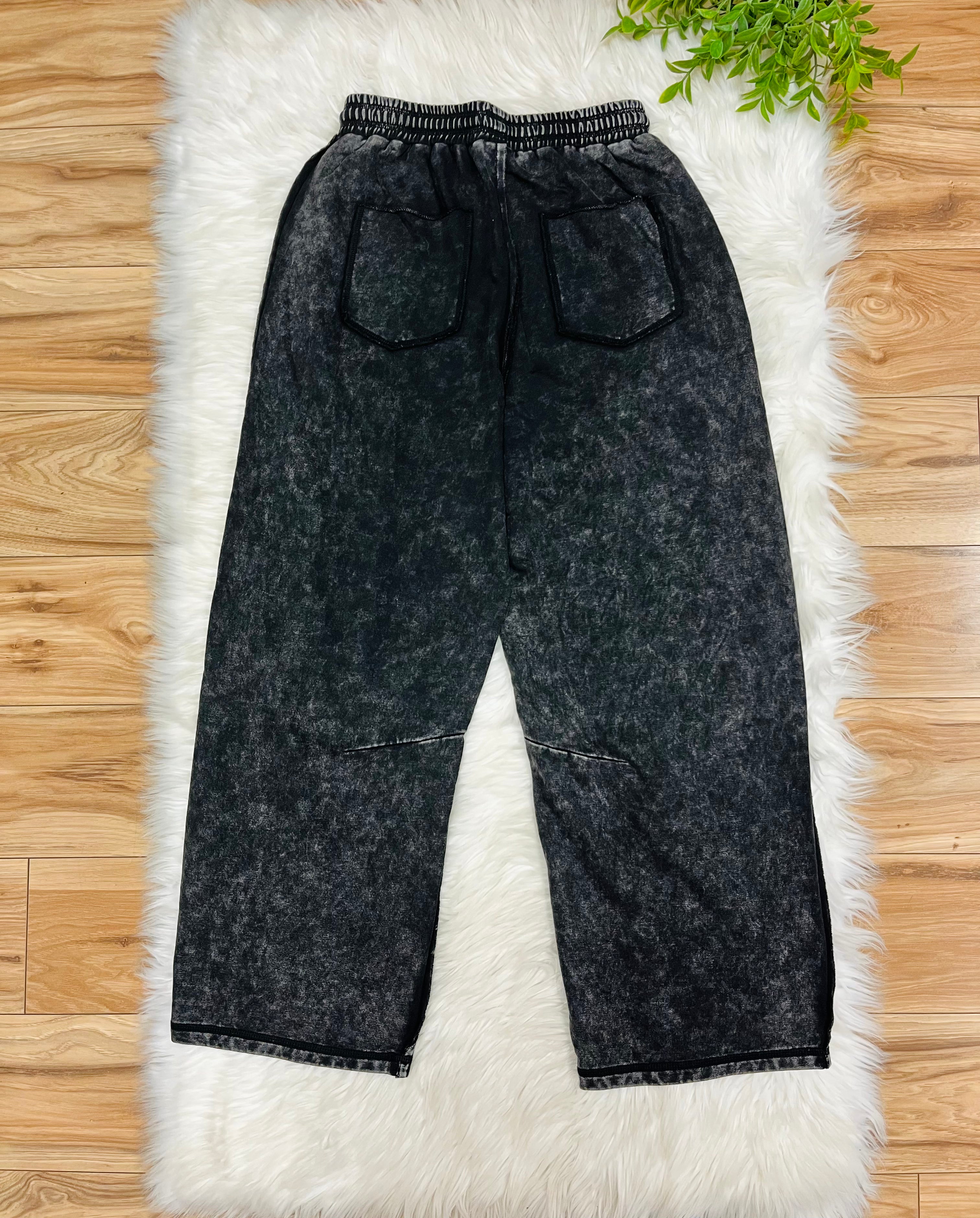 Women’s Evermmee Petite Black Acid Wash Pants- Loose Fit