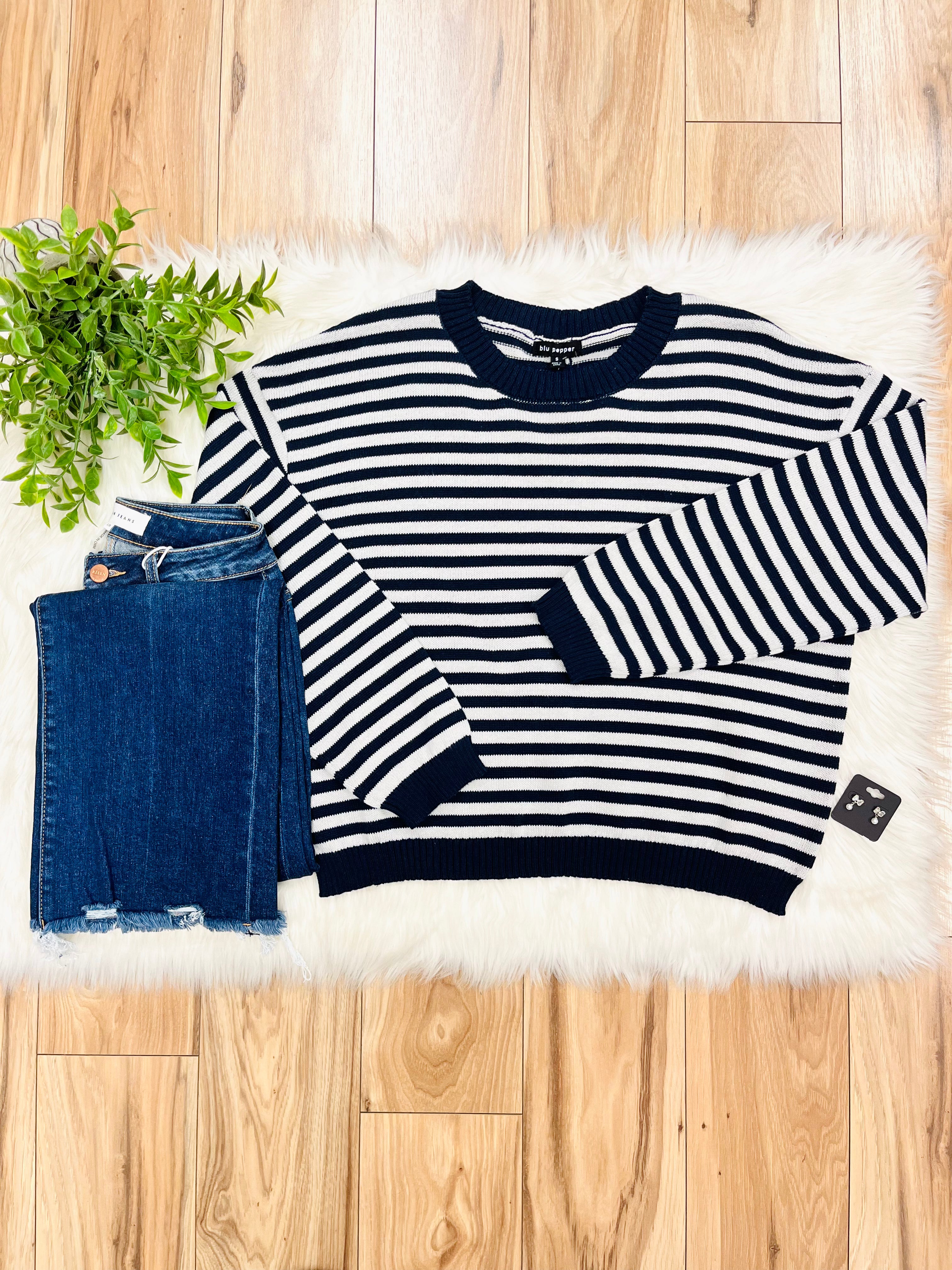Women’s Stripe Navy & Grey Relaxed Sweater Top by Blu Pepper- Loose Fit