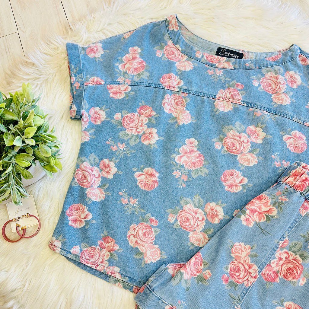 Women’s Evermmee Denim Floral Short Set
